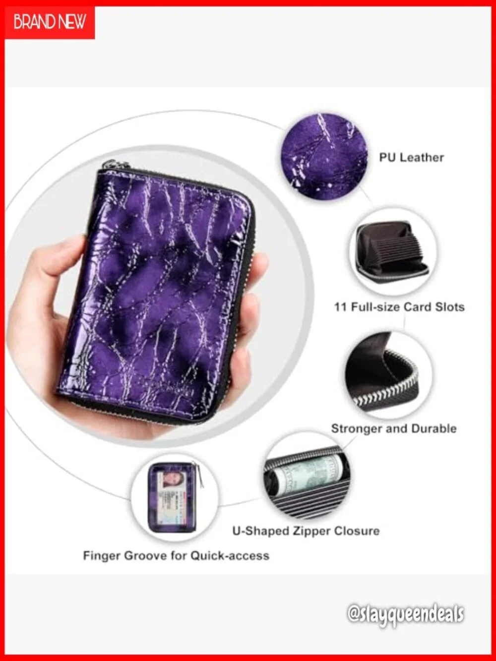 RFID Blocking Zipper Card Case Wallet, 9 Slots Accordion Organizer, PU Leather
